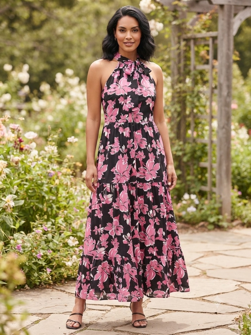 Vince Camino Black & Pink Floral Halter Maxi Dress